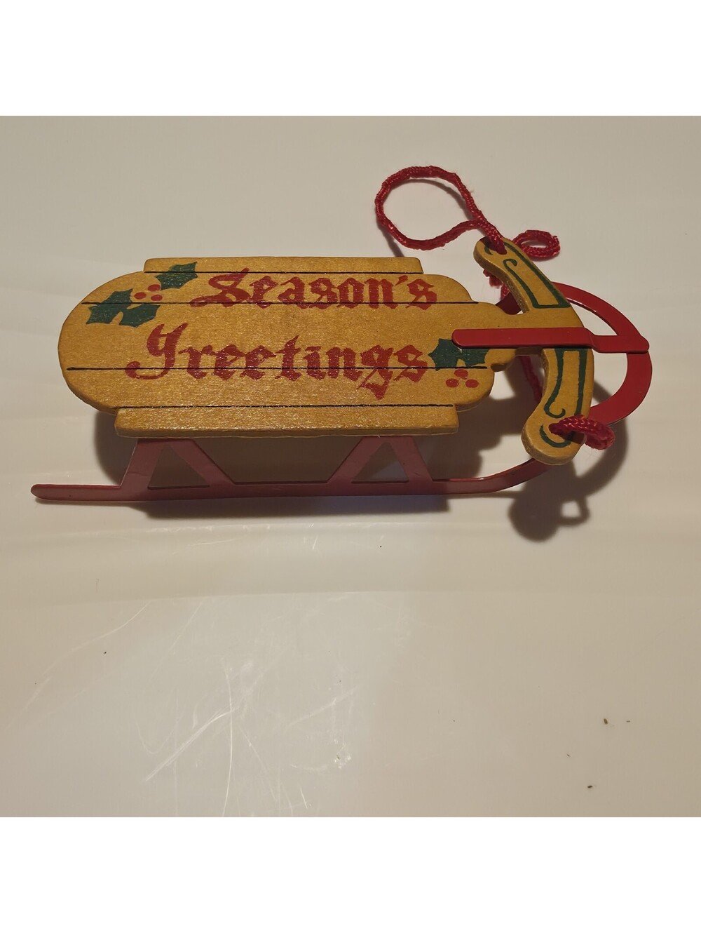 1980s Vintage Wooden Season's Greetings Sled Sleigh Ornament